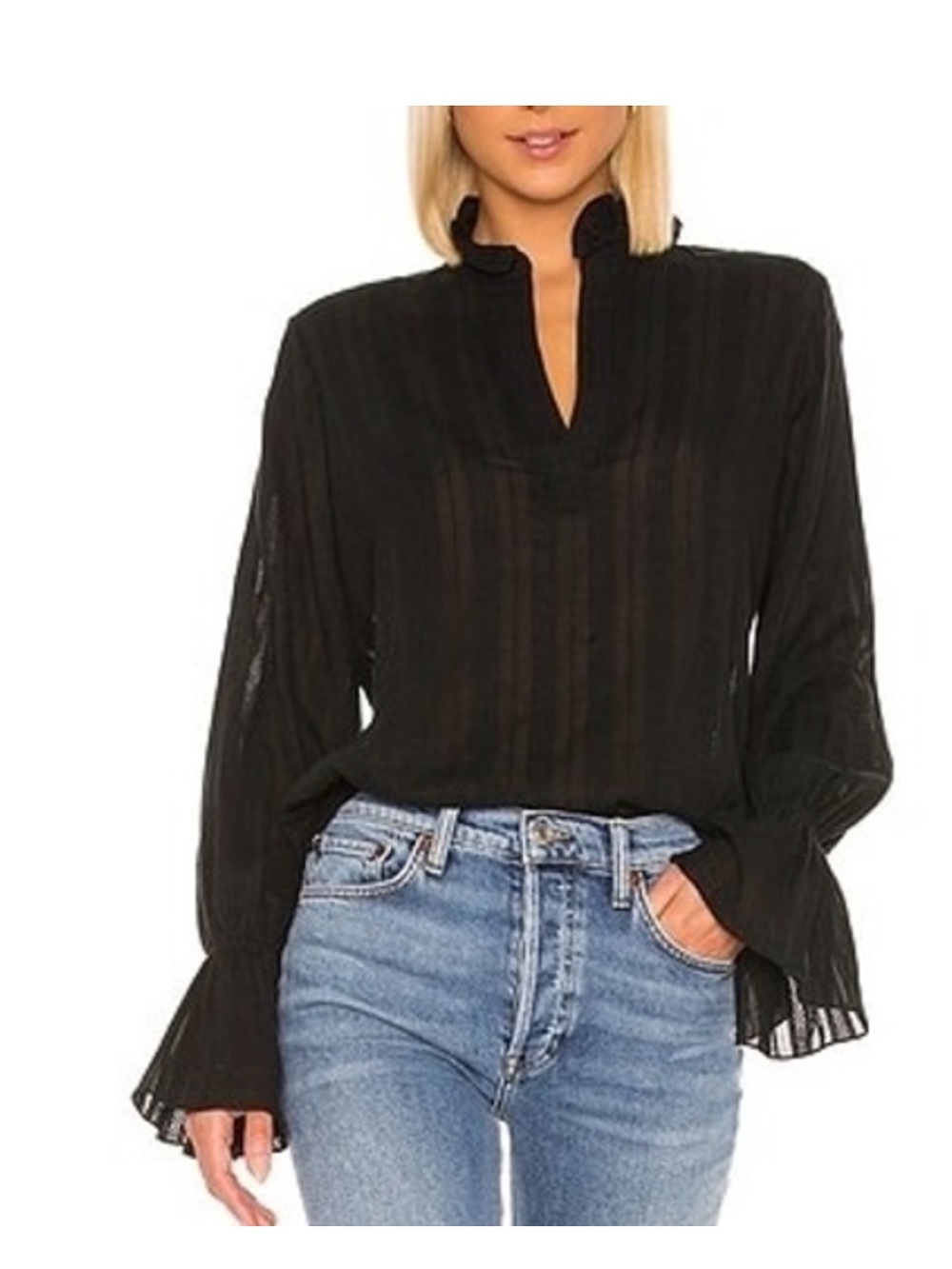 Nili Lotan Black Ruffled V-Neck Long-Sleeve Top